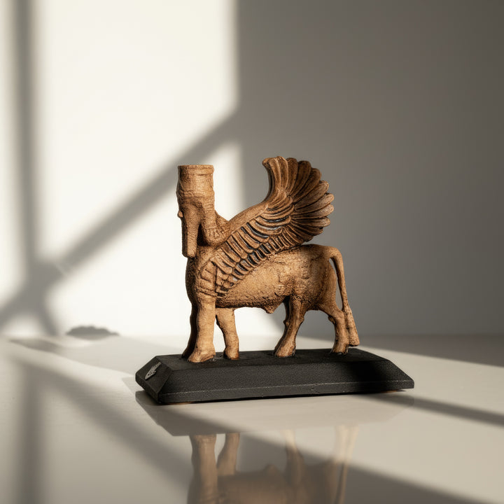 Lamassu heykelinin diğer çapraz açıdan çekilmiş görüntüsü, heykelin hem yüz ifadesini hem de beden yapısını karşılıklı açıdan detaylandırır. Ters perspektif, ürünün üç boyutlu etkisini artırırken, özellikle altar ve masaüstü dekorasyonları için uygun bir görünüm sunar. Bu Lamassu replikası, hem estetik hem de sembolik anlam taşıyan bir Mezopotamya figürüdür.