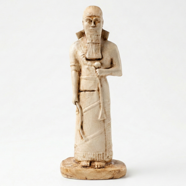 II. Aşurnasirpal heykeli replikası ön görünüm, Antik Mezopotamya Neo-Asur dönemine ait Asur kralı figürü, detaylı sakal ve kraliyet kıyafetiyle British Museum eserlerinden ilham alan müze kalitesinde arkeolojik dekor, by ArkeoArt