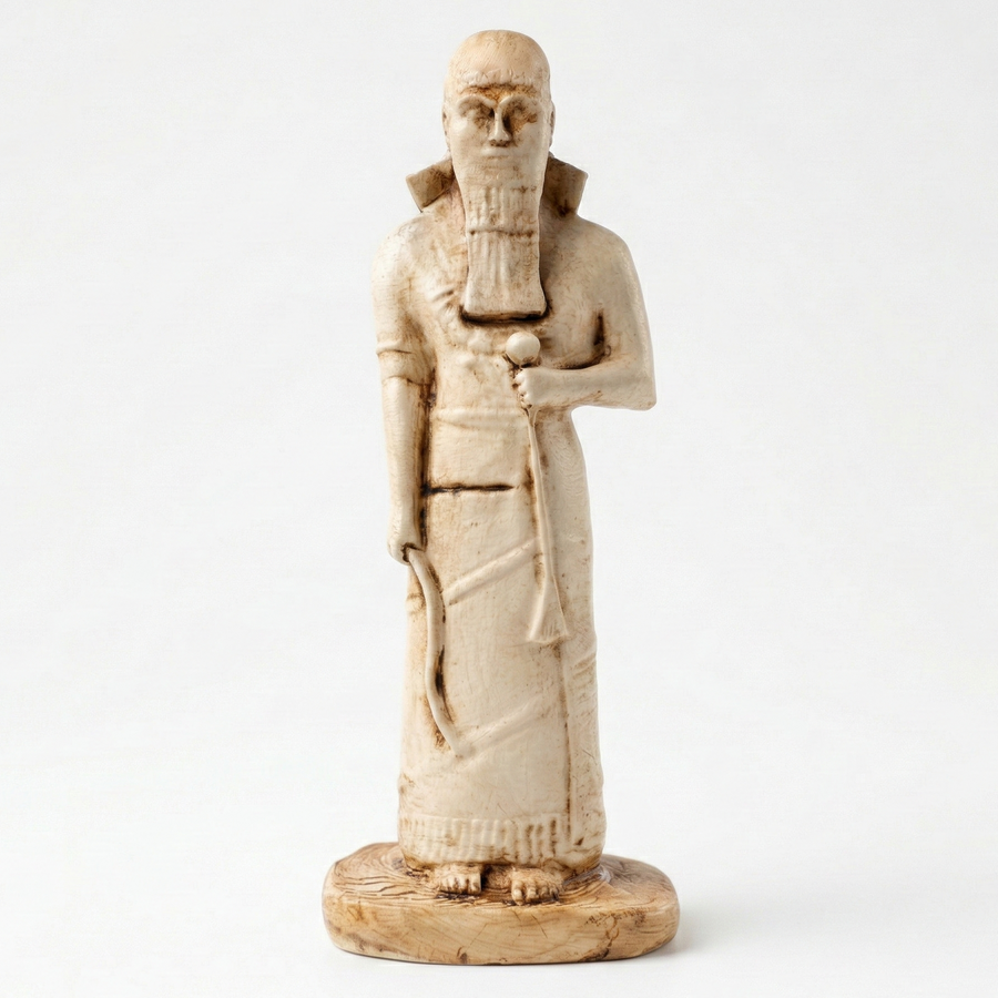II. Aşurnasirpal heykeli replikası ön görünüm, Antik Mezopotamya Neo-Asur dönemine ait Asur kralı figürü, detaylı sakal ve kraliyet kıyafetiyle British Museum eserlerinden ilham alan müze kalitesinde arkeolojik dekor, by ArkeoArt