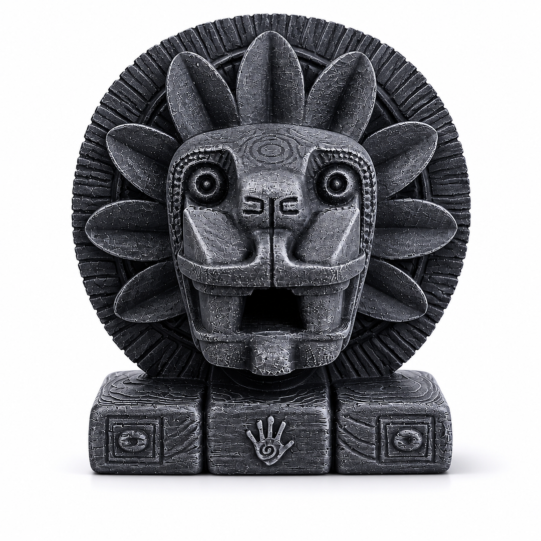 Aztek Quetzalcoatl dragon head heykelinin beyaz arka planda karşıdan görünümü. Tüylü Yılan Tanrısı temalı bu museum-style Mesoamerika heykeli; tribal yüz detayları, güneş diski kompozisyonu ve taş dokulu yüzeyiyle antik Aztek sanat estetiğini yansıtan koleksiyonluk dekoratif sanat objesidir by ArkeoArt