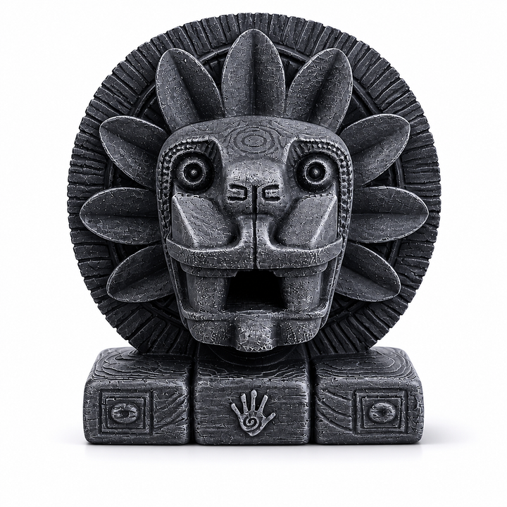 Aztek Quetzalcoatl dragon head heykelinin beyaz arka planda karşıdan görünümü. Tüylü Yılan Tanrısı temalı bu museum-style Mesoamerika heykeli; tribal yüz detayları, güneş diski kompozisyonu ve taş dokulu yüzeyiyle antik Aztek sanat estetiğini yansıtan koleksiyonluk dekoratif sanat objesidir by ArkeoArt
