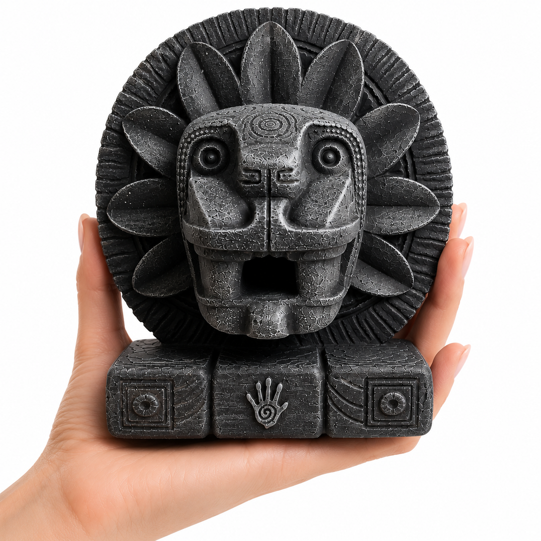 Bir kadın tarafından elde tutulan Aztek Quetzalcoatl heykeli. Yaklaşık 17 cm boyutundaki bu tribal dragon head sculpture; Mesoamerika sanat estetiği, Aztek mitolojisi ve koleksiyonluk museum decor konseptini modern yaşam alanlarına taşıyan dekoratif sanat objesidir by ArkeoArt