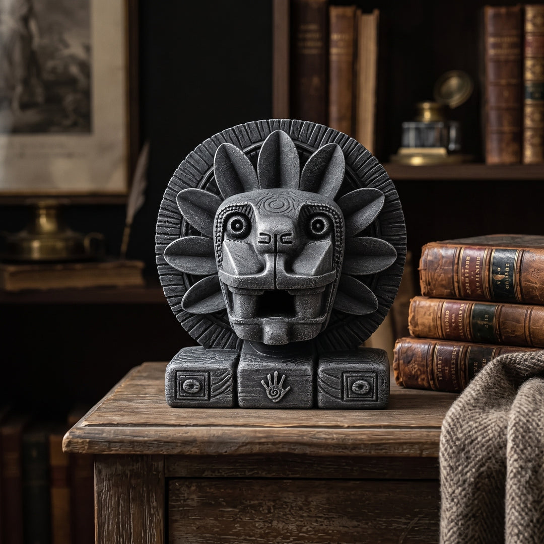 ArkeoArt Quetzalcoatl Heykeli, antika kitaplar, tarihi haritalar, pirinç objeler ve koyu ahşap mobilyalarla oluşturulmuş dark academia tarzı bir çalışma odasında sergileniyor. Aztek Tüylü Yılan Tanrısı'nı temsil eden bu müze kalitesindeki replikası; Mezoamerika mitolojisi, antik Meksika, arkeoloji ve tarih meraklıları için etkileyici bir koleksiyon parçasıdır.4