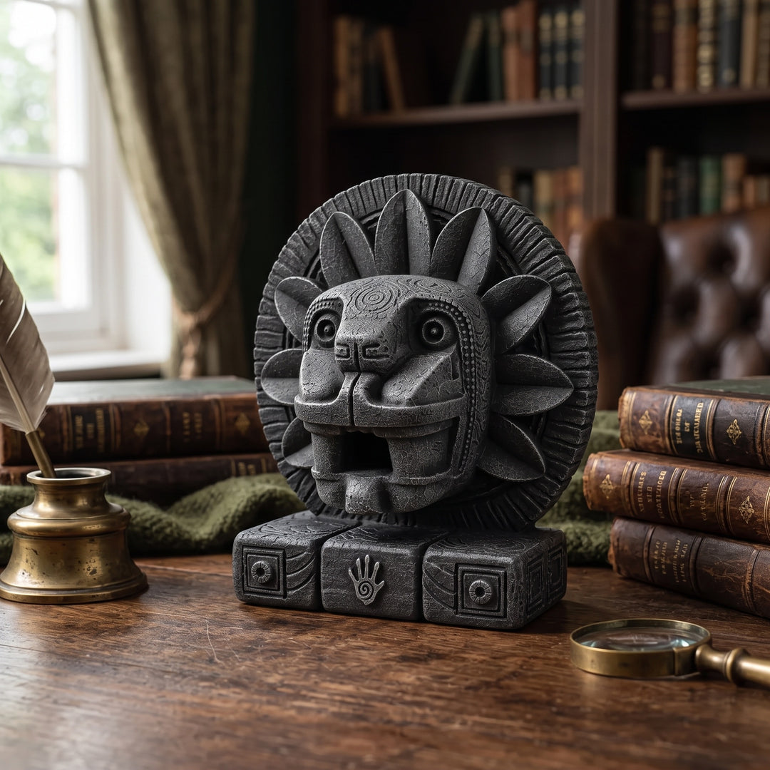 ArkeoArt Quetzalcoatl Heykeli, antika kitaplar, tarihi haritalar, pirinç objeler ve koyu ahşap mobilyalarla oluşturulmuş dark academia tarzı bir çalışma odasında sergileniyor. Aztek Tüylü Yılan Tanrısı'nı temsil eden bu müze kalitesindeki replikası; Mezoamerika mitolojisi, antik Meksika, arkeoloji ve tarih meraklıları için etkileyici bir koleksiyon parçasıdır.2