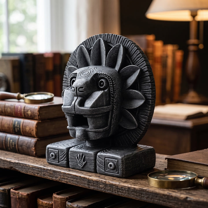 ArkeoArt Quetzalcoatl Heykeli, antika kitaplar, tarihi haritalar, pirinç objeler ve koyu ahşap mobilyalarla oluşturulmuş dark academia tarzı bir çalışma odasında sergileniyor. Aztek Tüylü Yılan Tanrısı'nı temsil eden bu müze kalitesindeki replikası; Mezoamerika mitolojisi, antik Meksika, arkeoloji ve tarih meraklıları için etkileyici bir koleksiyon parçasıdır.