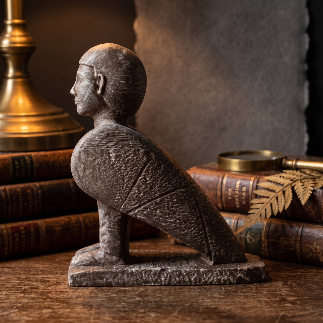 Koyu ahşap bir kitaplık üzerinde Antik Mısır, arkeoloji ve mitoloji kitapları arasında sergilenen Ba Bird Heykeli, çalışma odaları ve dark academia tarzı kütüphaneler için etkileyici bir tarihî atmosfer oluşturur. Ba Kuşu, Antik Mısır inancında insan ruhunun bedenden ayrılan yönünü temsil eden en önemli sembollerden biridir. Müze kalitesindeki bu el yapımı replikadır ArkeoArt el işçiliğiyle üretilmiştir.