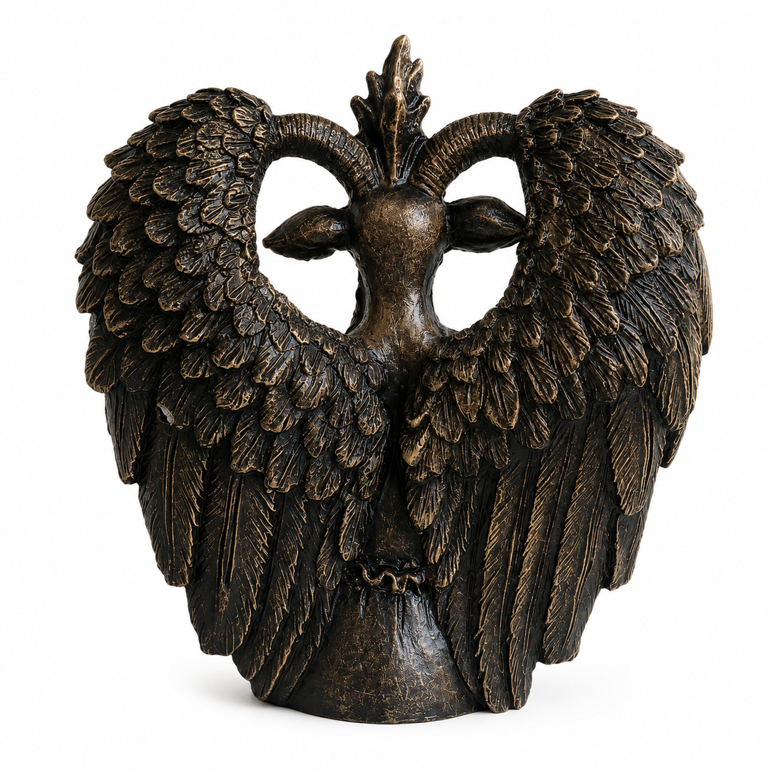 Baphomet Heykeli Replikası'nın arka görünümü. Kanat detayları, yüzey dokusu ve heykelin tam formunu gösteren bu açı, gotik dekorasyon ve ezoterik sanat koleksiyonları için tasarlanan eserin işçilik kalitesini ortaya koymaktadır.