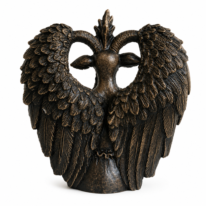 Baphomet Heykeli Replikası'nın arka görünümü. Kanat detayları, yüzey dokusu ve heykelin tam formunu gösteren bu açı, gotik dekorasyon ve ezoterik sanat koleksiyonları için tasarlanan eserin işçilik kalitesini ortaya koymaktadır.