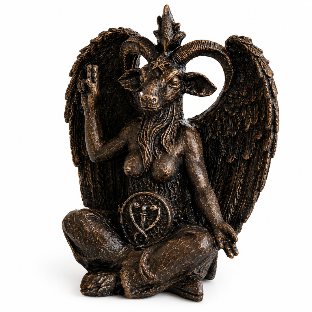 Baphomet Heykeli Replikası'nın çapraz açıdan görünümü. Kanatlar, meşale, pentagram ve sembolik detaylarıyla ezoterik düşünce ve gotik sanat estetiğini yansıtan dekoratif koleksiyon parçası.