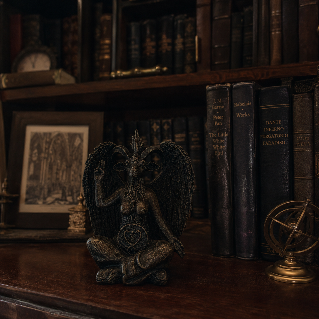 Koyu ahşap kitaplık, eski ciltli kitaplar, antika objeler ve loş atmosferli bir Dark Academia çalışma odasında sergilenen ArkeoArt Baphomet Heykeli Replikası. Gotik sanat, okült sembolizm, alternatif dekorasyon ve koleksiyonluk sanat eserleriyle uyumlu estetik bir yaşam alanı sunmaktadır.