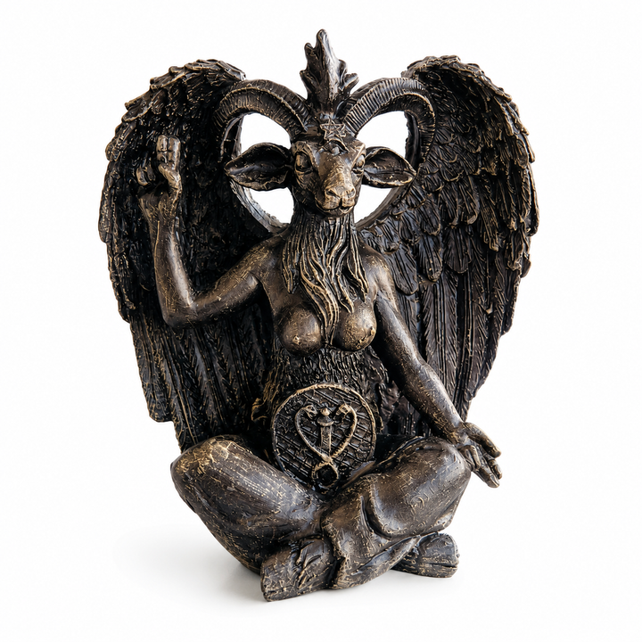 ArkeoArt Baphomet Heykeli Replikası'nın önden görünümü. Okült sembolizm ve ezoterik sanatın en ikonik figürlerinden biri olan Baphomet'i tasvir eden el yapımı gotik dekor ve koleksiyonluk heykel. Dark Academia ve alternatif iç mekân tasarımları için dikkat çekici sanat eseri.