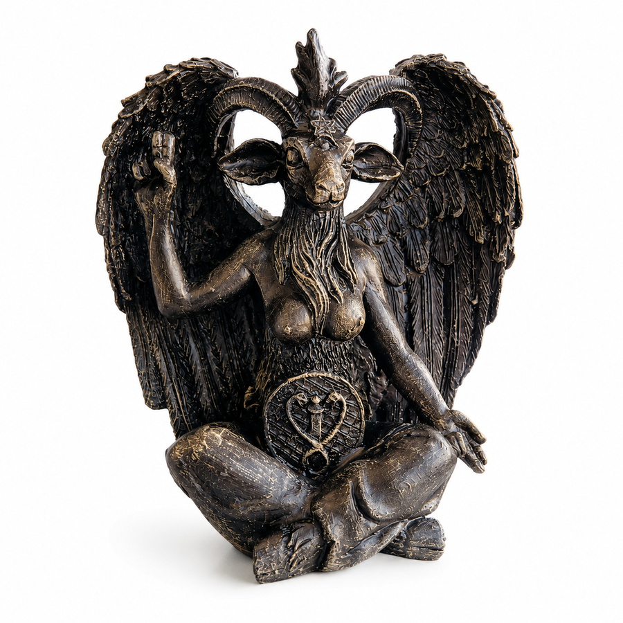 ArkeoArt Baphomet Heykeli Replikası'nın önden görünümü. Okült sembolizm ve ezoterik sanatın en ikonik figürlerinden biri olan Baphomet'i tasvir eden el yapımı gotik dekor ve koleksiyonluk heykel. Dark Academia ve alternatif iç mekân tasarımları için dikkat çekici sanat eseri.