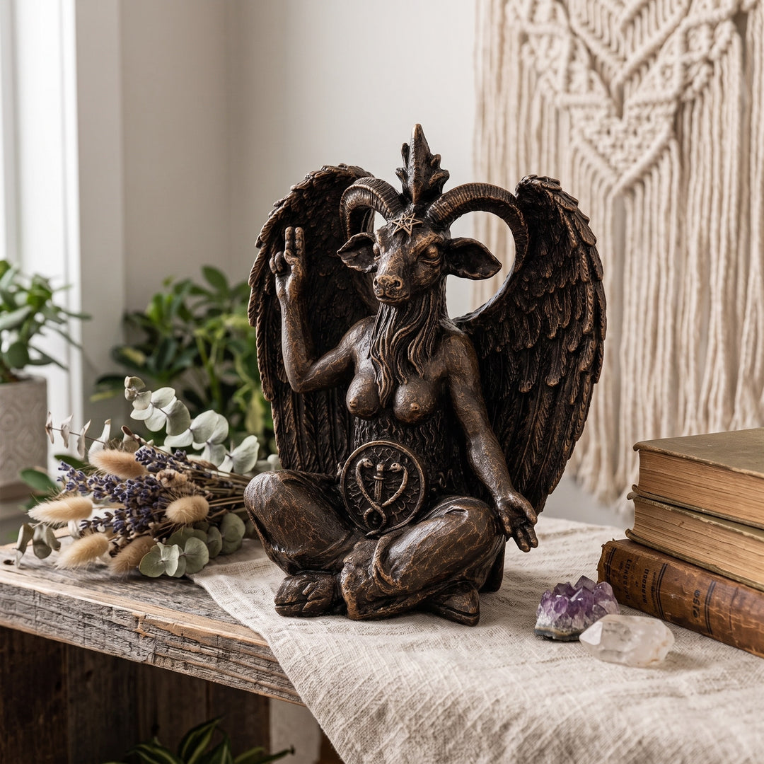 Baphomet Sculpture Replica styled on a vintage bookshelf surrounded by occult literature, aged leather-bound books, crystals, candlelight, and antique decorative objects. Inspired by timeless esoteric traditions, this handcrafted gothic statue enriches libraries, study rooms, and dark academia interiors while celebrating symbolic artistry. Museum-inspired craftsmanship by ArkeoArtDesign.