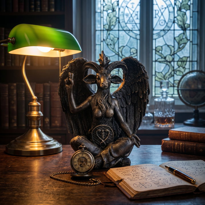 Baphomet Sculpture Replica styled on a vintage bookshelf surrounded by occult literature, aged leather-bound books, crystals, candlelight, and antique decorative objects. Inspired by timeless esoteric traditions, this handcrafted gothic statue enriches libraries, study rooms, and dark academia interiors while celebrating symbolic artistry. Museum-inspired craftsmanship by ArkeoArtDesign.