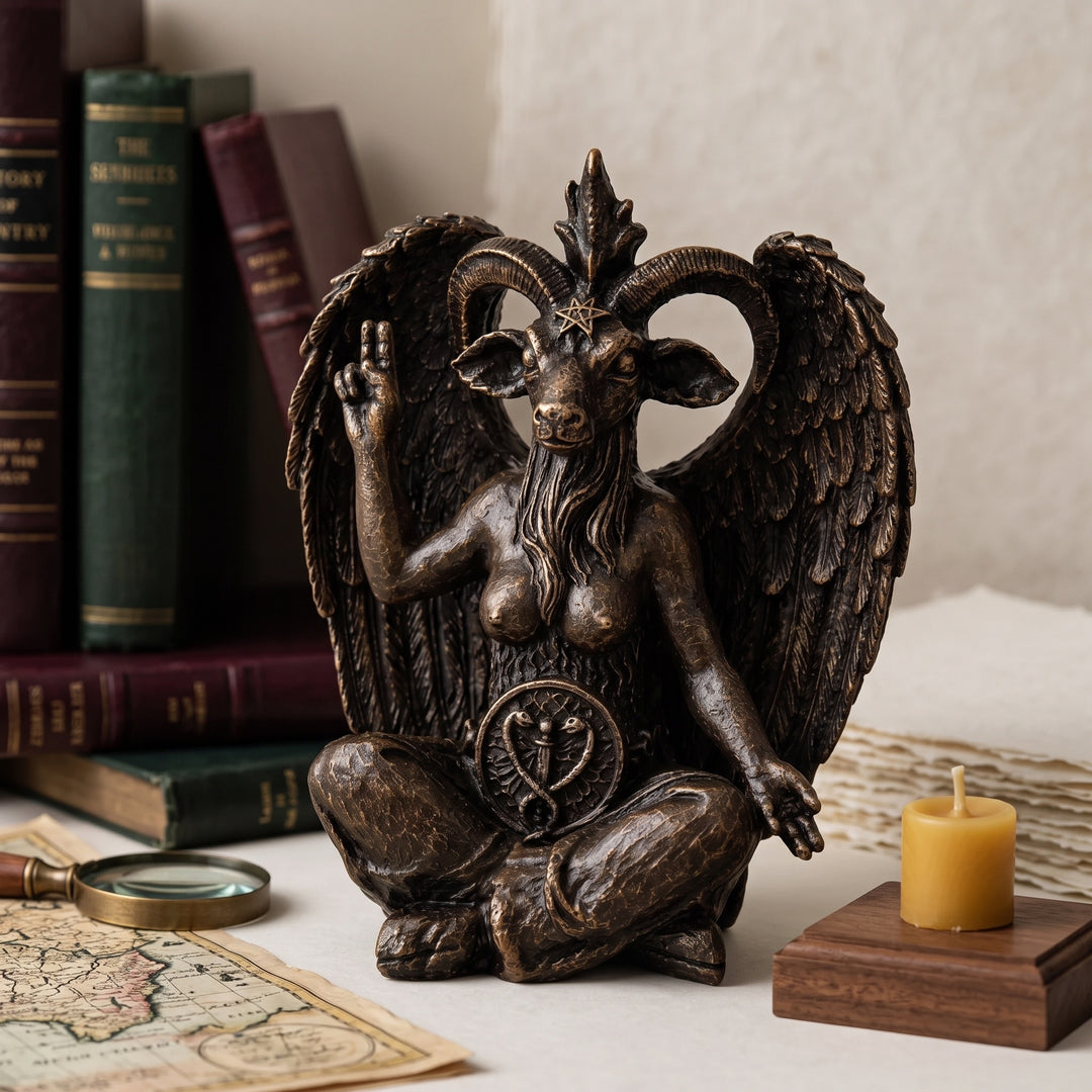 Handmade Baphomet Statue Replica displayed in a sophisticated gothic-inspired interior with antique books, black candles, dark wood furniture, brass accents, and warm ambient lighting. This detailed occult sculpture blends esoteric symbolism with museum-quality craftsmanship, creating a striking centerpiece for collectors of gothic art, mystical decor, and historical symbolism. Handcrafted by ArkeoArtDesign.