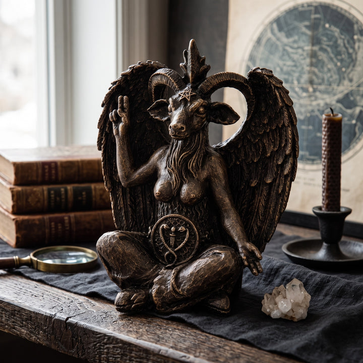 Handmade Baphomet Statue Replica displayed in a sophisticated gothic-inspired interior with antique books, black candles, dark wood furniture, brass accents, and warm ambient lighting. This detailed occult sculpture blends esoteric symbolism with museum-quality craftsmanship, creating a striking centerpiece for collectors of gothic art, mystical decor, and historical symbolism. Handcrafted by ArkeoArtDesign.