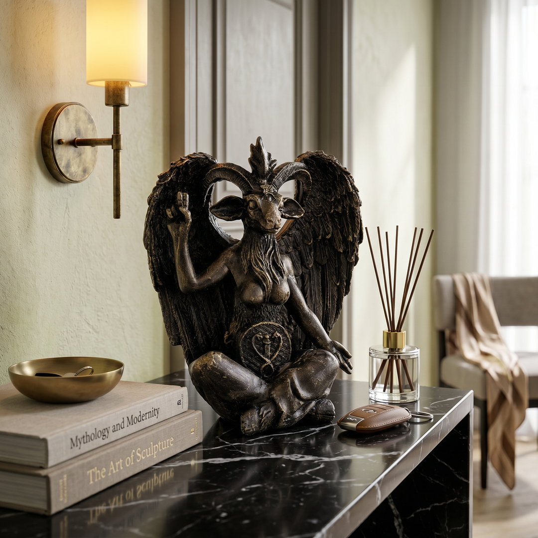 Baphomet Sculpture Replica styled on a vintage bookshelf surrounded by occult literature, aged leather-bound books, crystals, candlelight, and antique decorative objects. Inspired by timeless esoteric traditions, this handcrafted gothic statue enriches libraries, study rooms, and dark academia interiors while celebrating symbolic artistry. Museum-inspired craftsmanship by ArkeoArtDesign.