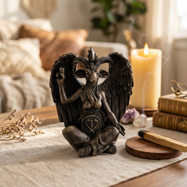 Baphomet Sculpture Replica styled on a vintage bookshelf surrounded by occult literature, aged leather-bound books, crystals, candlelight, and antique decorative objects. Inspired by timeless esoteric traditions, this handcrafted gothic statue enriches libraries, study rooms, and dark academia interiors while celebrating symbolic artistry. Museum-inspired craftsmanship by ArkeoArtDesign.