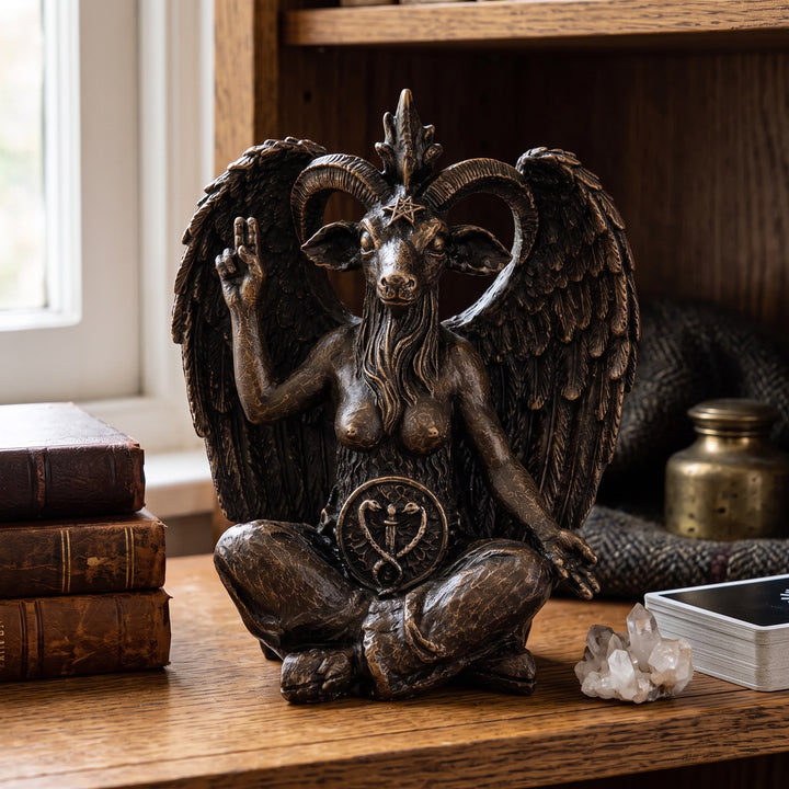 Baphomet Sculpture Replica styled on a vintage bookshelf surrounded by occult literature, aged leather-bound books, crystals, candlelight, and antique decorative objects. Inspired by timeless esoteric traditions, this handcrafted gothic statue enriches libraries, study rooms, and dark academia interiors while celebrating symbolic artistry. Museum-inspired craftsmanship by ArkeoArtDesign.