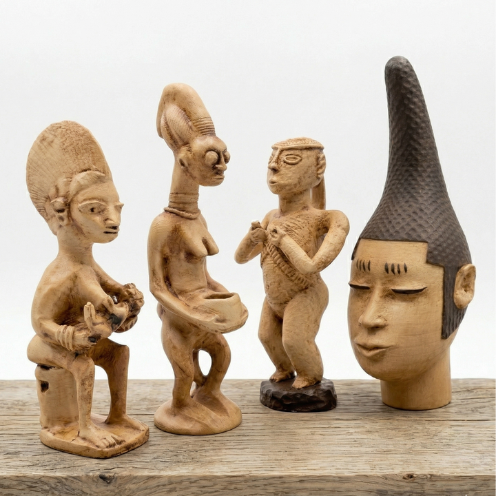 Kitaplık rafı üzerinde sergilenen Batı Afrika heykel seti. Yoruba anne figürü, ritüel sunu heykeli ve Senufo kadın figürü ile Benin kraliyet başı dekoratif Afrika sanat koleksiyonu olarak sergileniyor – ArkeoArt.