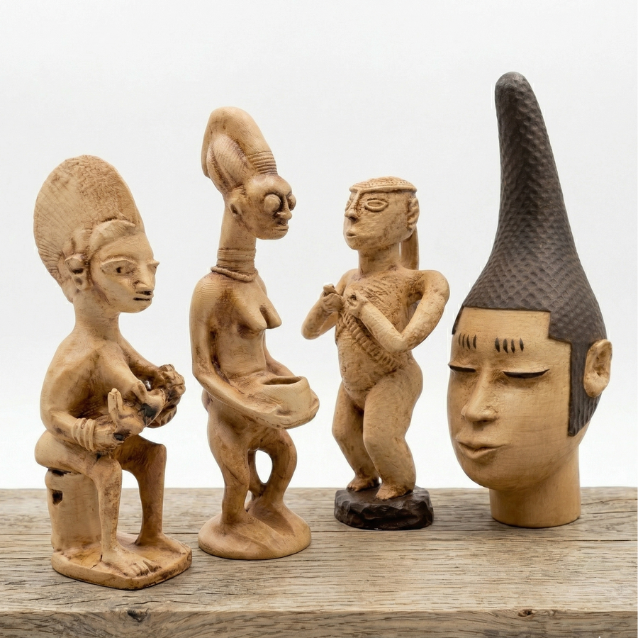 Kitaplık rafı üzerinde sergilenen Batı Afrika heykel seti. Yoruba anne figürü, ritüel sunu heykeli ve Senufo kadın figürü ile Benin kraliyet başı dekoratif Afrika sanat koleksiyonu olarak sergileniyor – ArkeoArt.