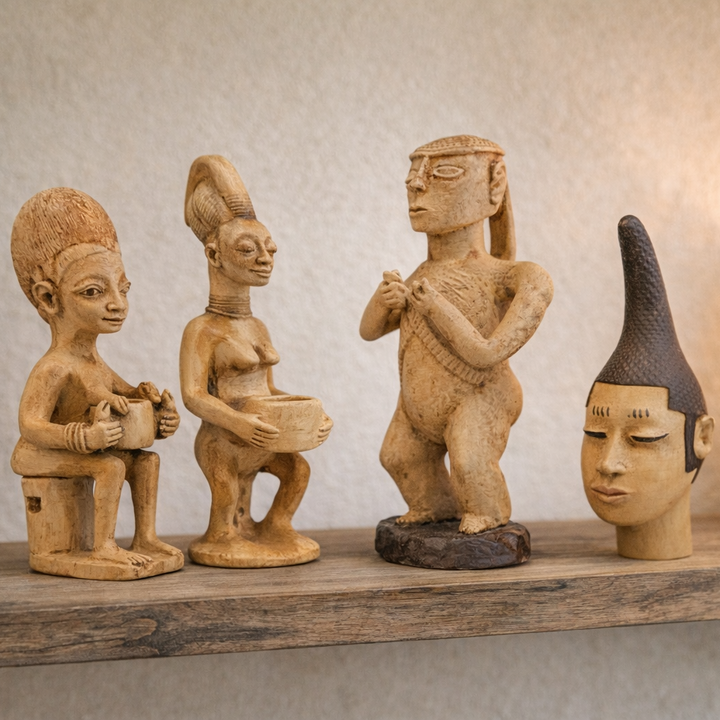 Kitaplık rafı üzerinde sergilenen Batı Afrika heykel seti. Yoruba anne figürü, ritüel sunu heykeli ve Senufo kadın figürü ile Benin kraliyet başı dekoratif Afrika sanat koleksiyonu olarak sergileniyor – ArkeoArt.