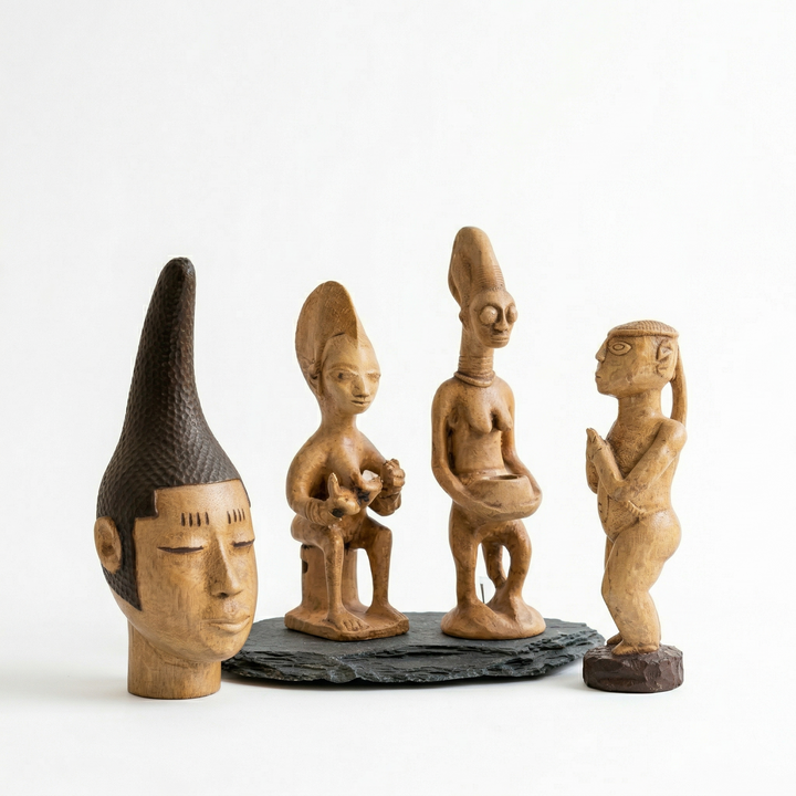 Stand üzerinde birlikte sergilenen Batı Afrika heykel seti. Yoruba kültürü anne figürü, ritüel sunu heykeli, Senufo kadın figürü ve Benin kraliyet başı ile Afrika sanat koleksiyon dekoru – ArkeoArt.