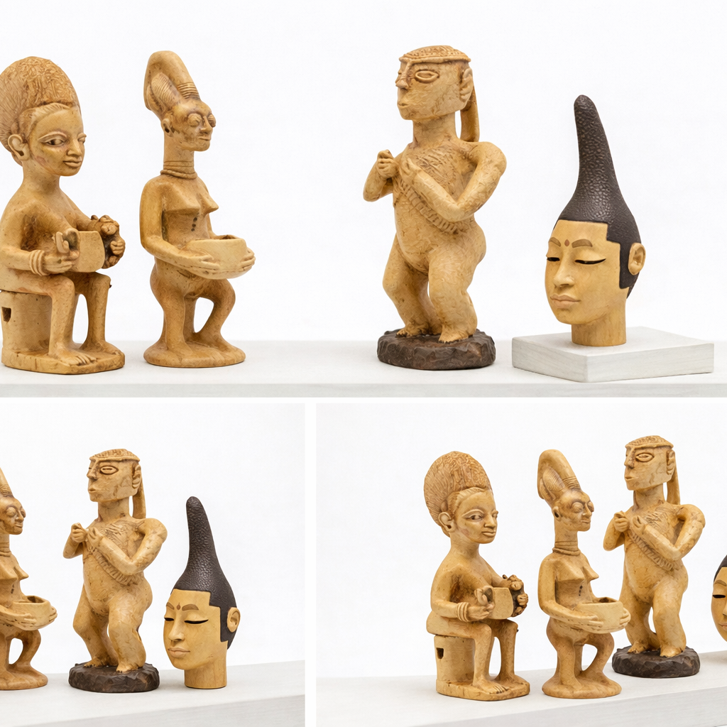 4 parçadan oluşan Batı Afrika heykel koleksiyonu kolaj görseli. Yoruba anne figürleri, Senufo ritüel heykeli ve Benin kraliyet başı figürü bir arada. Afrika kültürü sanat heykelleri koleksiyon seti – ArkeoArt.