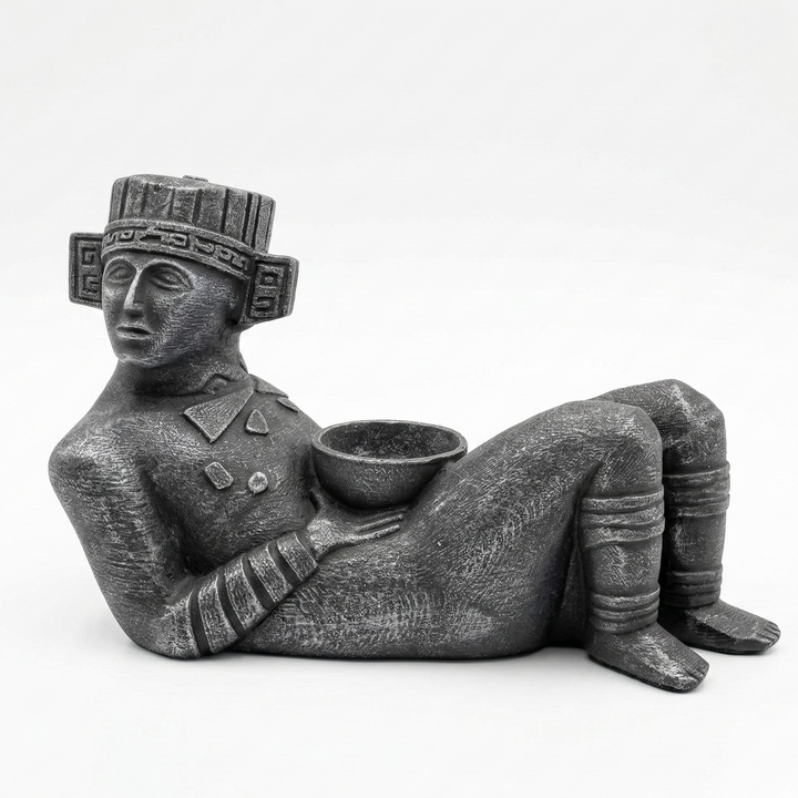 Chacmool heykelinin diğer yan görünümü, figürün simetrik yapısını ve detaylı yüzey işçiliğini ortaya çıkarır. Maya ve Toltek sanat geleneğinden ilham alan bu arkeolojik replikada, ritüel kullanımın sembolik unsurları net biçimde gözlemlenebilir, by ArkeoArt
