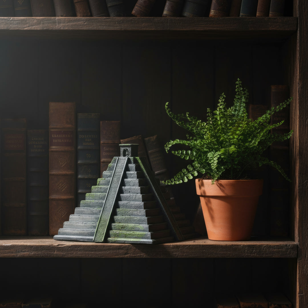 “Close-up shot of the Chichen Itza Pyramid replica on a rustic shelf beside a green plant — detailed hand-painted stone textures inspired by Mayan temple ruins.”
TR:
“Rustik bir raf üzerinde yeşil bitkiyle birlikte sergilenen Chichen Itza Piramidi replikasının yakın plan çekimi — Maya tapınak kalıntılarından esinlenen el boyaması taş dokularını gösterir.”