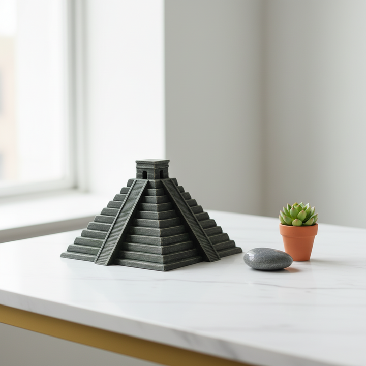 “Hand-painted Chichen Itza Pyramid sculpture displayed beside a small plant pot on a light-toned kitchen counter — blending ancient Mesoamerican heritage with cozy modern living decor.”
TR:
“Açık tonlu bir mutfak tezgâhında küçük bir saksı bitkisinin yanında sergilenen el boyaması Chichen Itza Piramidi heykeli — antik Mezoamerikan mirasını sıcak, modern yaşam dekoruyla buluşturur.”
