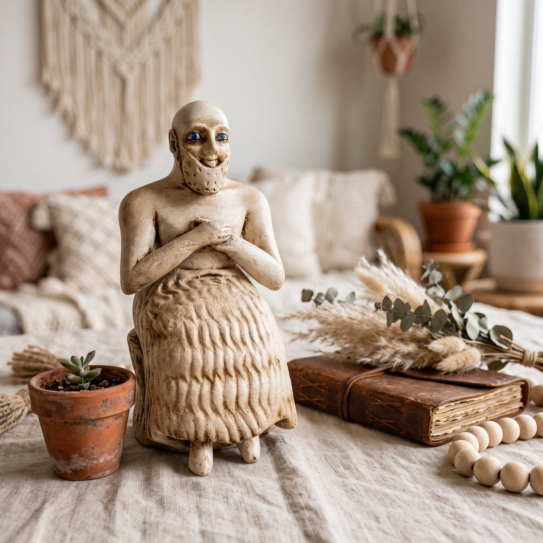 Toprak tonlarının hâkim olduğu boho dekorasyona sahip minimalist bir rafta sergilenen Ebih-Il Heykeli Replikası, doğal taş dokular, seramik vazolar ve kurutulmuş bitkilerle uyum içinde dikkat çeker. Antik Mezopotamya'nın en tanınmış Sümer heykellerinden biri olan bu eser, yaşam alanlarına tarih, sanat ve kültürel mirasın zarif izlerini taşırken koleksiyon değeri yüksek bir dekoratif obje sunar. ArkeoArt tasarımıdır.