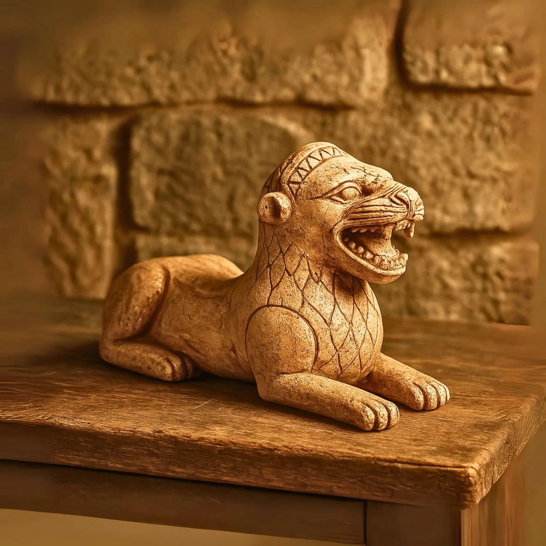 “Close-up of the Urartian Lion Guardian Statue on a wooden table — showcasing its hand-painted details, fierce expression, and museum-quality craftsmanship inspired by ancient Anatolian art.”
TR:
“Ahşap masa üzerinde sergilenen Urartu Aslanı heykelinin yakın planı; el boyaması detayları, güçlü ifadesi ve antik Anadolu sanatından ilham alan müze kalitesindeki işçiliğiyle öne çıkıyor.”