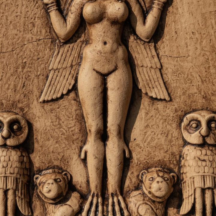 Gecenin Kraliçesi rölyefi alt bölüm makro detay fotoğrafı. Burney Relief kabartmasında yer alan iki aslan ve baykuş figürlerinin detaylarını gösteren yakın çekim görüntü. Mezopotamya tanrıça ikonografisini temsil eden Queen of the Night relief replica, ArkeoArt tarafından üretilmiş müze kalitesinde bir arkeolojik replikadır. Bu Mesopotamian goddess sculpture, antik Babil sanatını yansıtan güçlü bir koleksiyon ve dekoratif sanat objesidir.