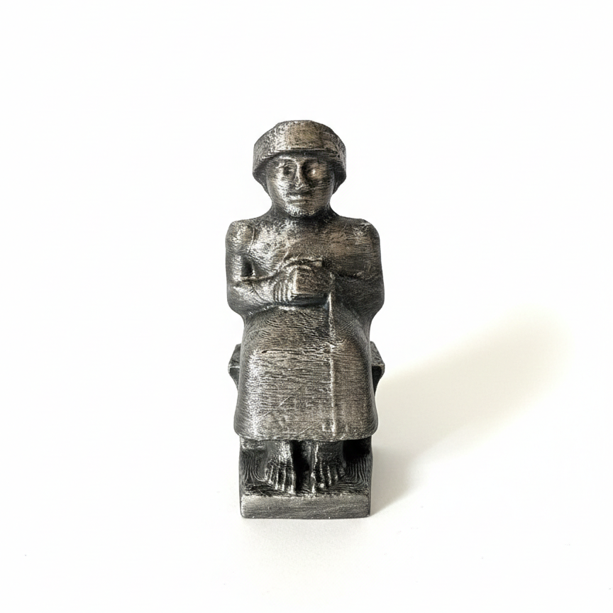 Gudea heykeli replikası düz karşıdan görünümde beyaz arka planda sergilenmektedir. Sümer kralı Gudea figüründen ilham alan bu müze kalitesinde Mezopotamya heykeli, dua pozisyonundaki formu ve diorit taş görünümlü yüzeyi ile dikkat çeker. Arkeolojik eser replikası olarak koleksiyon, kitaplık ve ofis dekoru için ideal olup antik Mezopotamya sanatı ve tarih temalı dekor arayanlar için özgün bir parçadır.