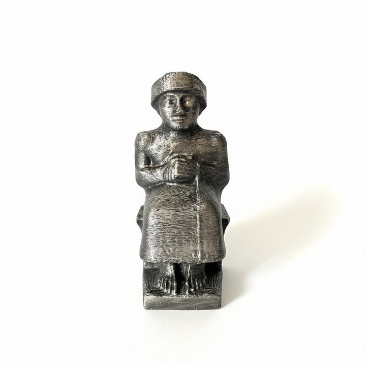 Gudea heykeli replikası düz karşıdan görünümde beyaz arka planda sergilenmektedir. Sümer kralı Gudea figüründen ilham alan bu müze kalitesinde Mezopotamya heykeli, dua pozisyonundaki formu ve diorit taş görünümlü yüzeyi ile dikkat çeker. Arkeolojik eser replikası olarak koleksiyon, kitaplık ve ofis dekoru için ideal olup antik Mezopotamya sanatı ve tarih temalı dekor arayanlar için özgün bir parçadır.