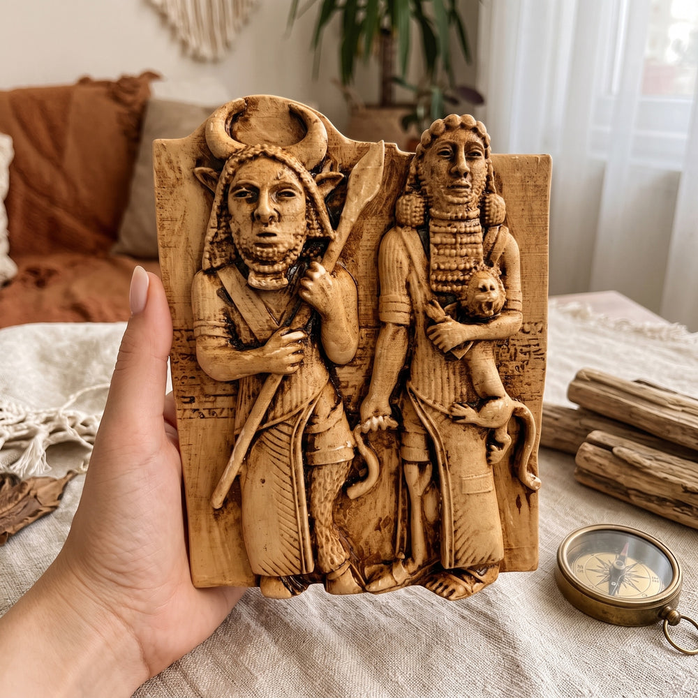 Kadın elinde tutularak ürünün gerçek boyutunu gösteren fotoğraf. Gılgamış & Enkidu Rölyefi Replikası, tek elde rahatlıkla kavranabilecek ölçüleriyle kabartma detaylarını, doğal taş görünümünü ve ince el işçiliğini yakından sergiler. Gılgamış Destanı'nın efsanevi Sümer kahramanlarını betimleyen bu Antik Mezopotamya rölyefi; arkeoloji, mitoloji ve tarih koleksiyonları için müze kalitesinde hazırlanmış, yaşam alanlarına tarihî karakter kazandıran özel bir dekoratif sanat eseridir. ArkeoArt el işçiliğiyle üreti