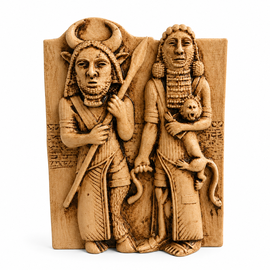 Gılgamış ve Enkidu rölyef heykelinin beyaz arka planda ön görünümü. Sümer kahramanları temalı bu museum-style Mezopotamya rölyefi; antik taş kabartma estetiği, savaşçı figürleri ve tarihsel ikonografisiyle koleksiyonluk dekoratif sanat objesi atmosferi sunar by ArkeoArt