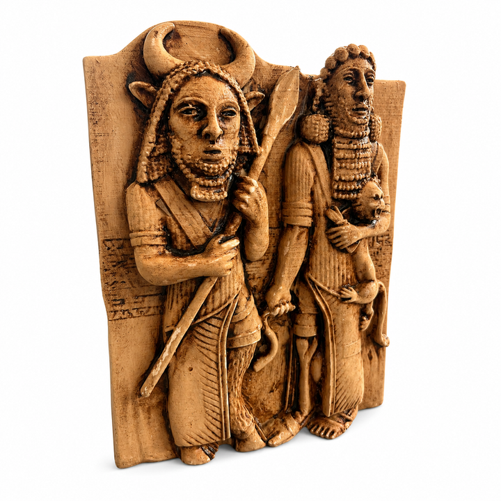 Gılgamış ve Enkidu heykel rölyefinin çapraz açıdan görünümü. Antik Mezopotamya sanatını yansıtan bu collectible sculpture; dark academia, mythology decor ve museum-style koleksiyon estetiği için güçlü atmosfer oluşturan dekoratif sanat çalışmasıdır by ArkeoArt