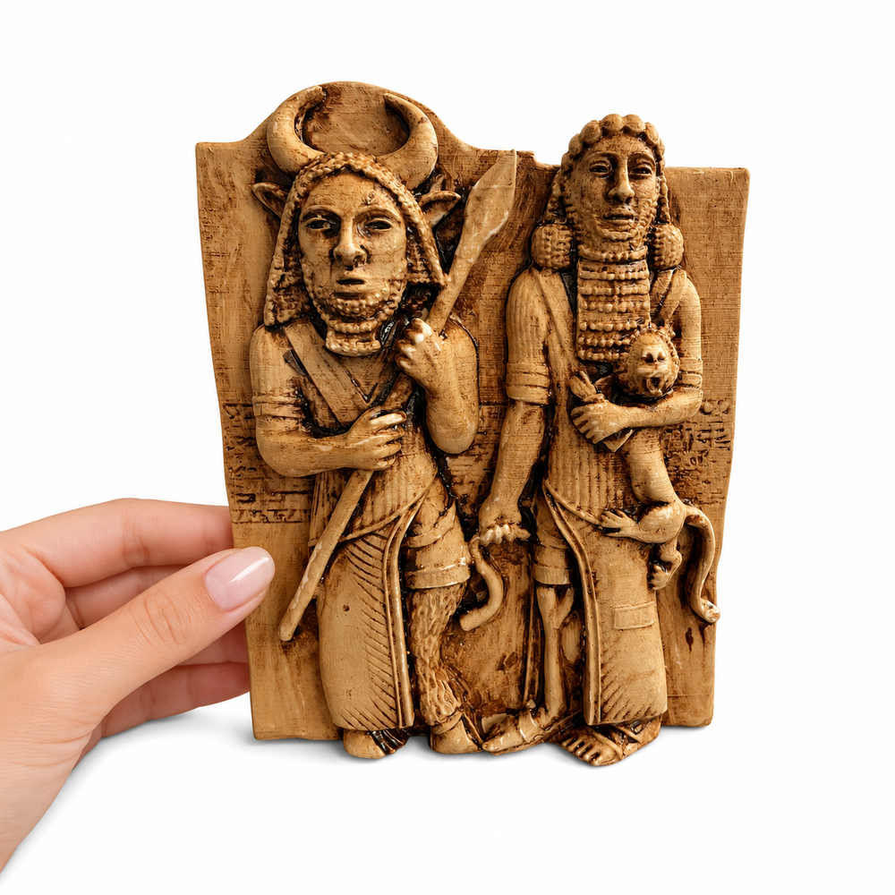 Bir kadın tarafından elde tutulan Gılgamış & Enkidu rölyefi ölçek görünümü. Yaklaşık 17 cm yüksekliğindeki bu Sümer temalı Mezopotamya dekoru; antik uygarlık koleksiyonları, mythology decor ve museum-style yaşam alanları için tasarlanmış koleksiyonluk sanat objesidir by ArkeoArt