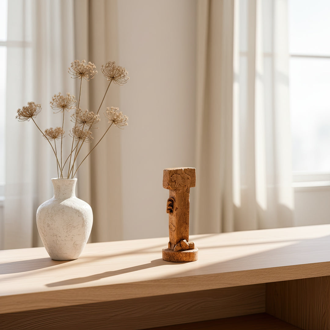 “Göbekli Tepe Pillar Replica displayed on a wooden table under warm light — highlighting Neolithic carvings and prehistoric symbolism.”
TR:
“Sıcak ışık altında ahşap masa üzerinde sergilenen Göbekli Tepe T Sütun replikası; Neolitik döneme ait oymaları ve tarih öncesi sembolizmi vurguluyor.”