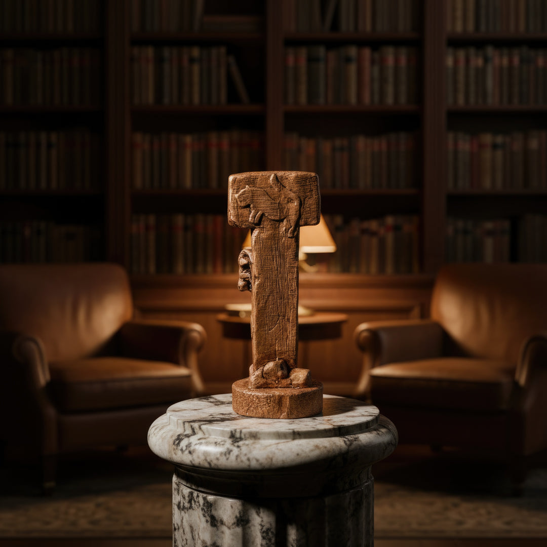 “Göbekli Tepe Pillar placed on a wooden shelf beside books and plants — evoking a balance between archaeology and home decor.”
TR:
“Kitaplar ve bitkilerle birlikte ahşap bir rafta sergilenen Göbekli Tepe sütunu; arkeoloji ve ev dekoru arasında bir denge kuruyor.”