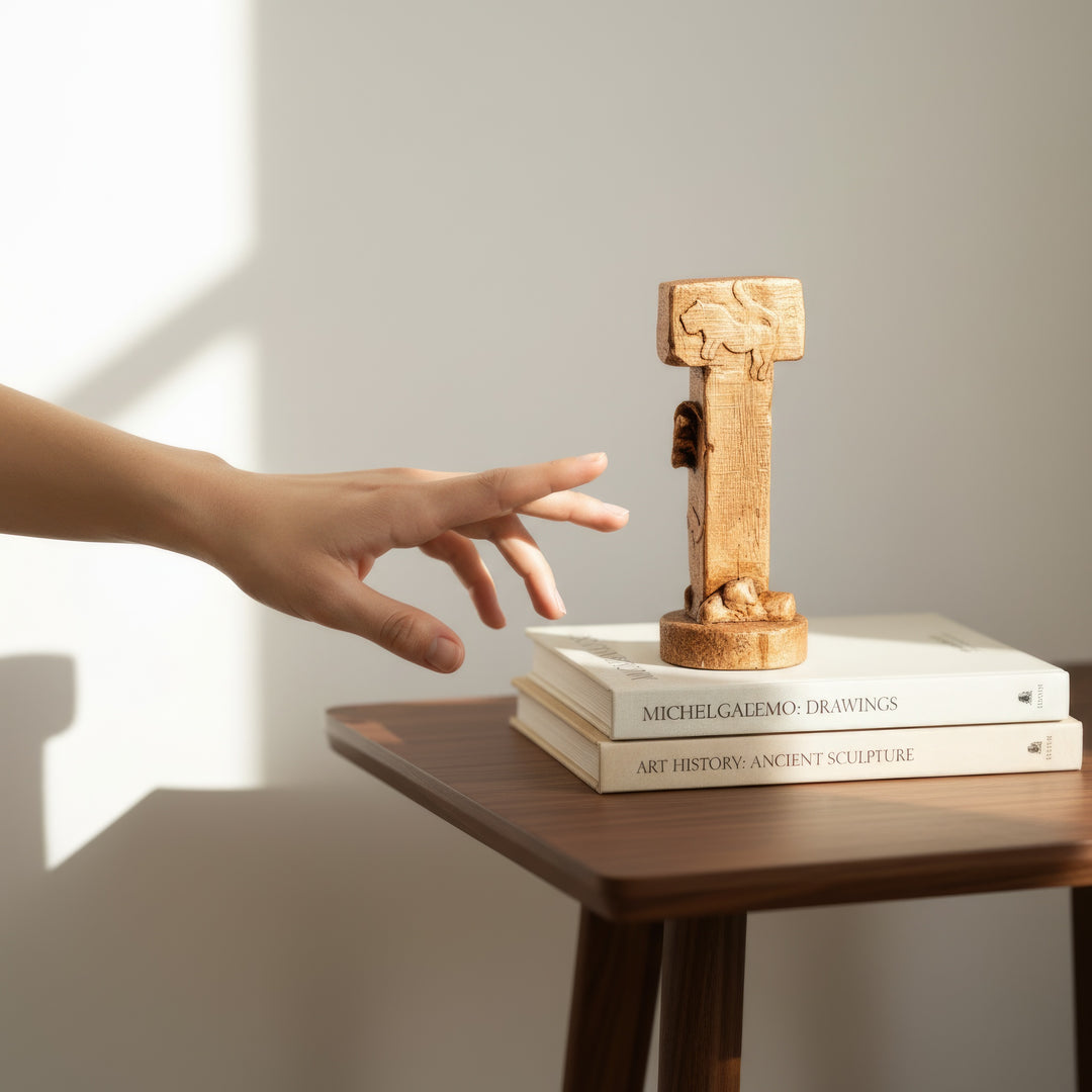 “Hand holding the Göbekli Tepe Pillar to show its scale and hand-carved textures inspired by the world’s oldest temple site.”
TR:
“Göbekli Tepe Sütunu elde tutulurken; dünyanın en eski tapınağından esinlenen el oyması dokularını ve boyutunu gösteriyor.”