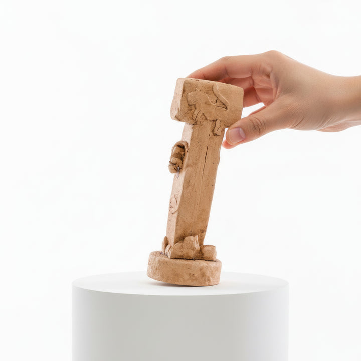 “Hand holding the Göbekli Tepe Pillar to show its scale and hand-carved textures inspired by the world’s oldest temple site.”
TR:
“Göbekli Tepe Sütunu elde tutulurken; dünyanın en eski tapınağından esinlenen el oyması dokularını ve boyutunu gösteriyor.”