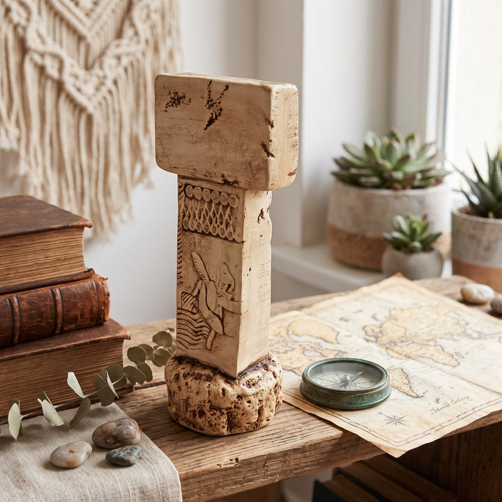 ArkeoArt Göbekli Tepe T Sütunu Replikası, doğal ahşap mobilyalar, keten dokular, seramik objeler ve sıcak toprak tonlarıyla hazırlanmış bohem tarzı bir yaşam alanında sergileniyor. Şanlıurfa'daki Göbekli Tepe'den ilham alan bu el yapımı Neolitik dikilitaş replikası, dünyanın bilinen en eski tapınağının simgelerinden biridir. Arkeoloji, tarih, Anadolu uygarlıkları ve müze replikalarıyla ilgilenen koleksiyonerler için benzersiz bir eserdir.