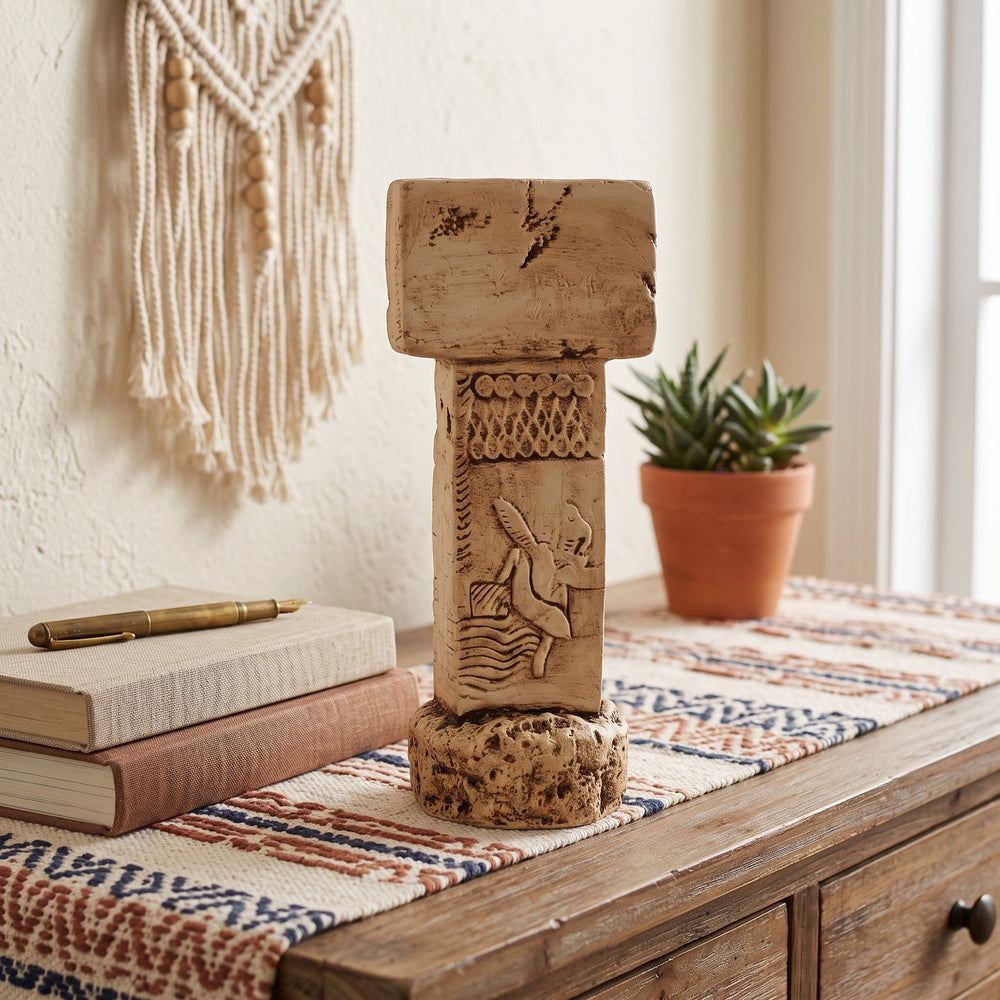 ArkeoArt Göbekli Tepe T Sütunu Replikası, doğal ahşap mobilyalar, keten dokular, seramik objeler ve sıcak toprak tonlarıyla hazırlanmış bohem tarzı bir yaşam alanında sergileniyor. Şanlıurfa'daki Göbekli Tepe'den ilham alan bu el yapımı Neolitik dikilitaş replikası, dünyanın bilinen en eski tapınağının simgelerinden biridir. Arkeoloji, tarih, Anadolu uygarlıkları ve müze replikalarıyla ilgilenen koleksiyonerler için benzersiz bir eserdir.