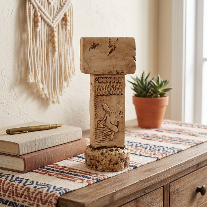 ArkeoArt Göbekli Tepe T Sütunu Replikası, doğal ahşap mobilyalar, keten dokular, seramik objeler ve sıcak toprak tonlarıyla hazırlanmış bohem tarzı bir yaşam alanında sergileniyor. Şanlıurfa'daki Göbekli Tepe'den ilham alan bu el yapımı Neolitik dikilitaş replikası, dünyanın bilinen en eski tapınağının simgelerinden biridir. Arkeoloji, tarih, Anadolu uygarlıkları ve müze replikalarıyla ilgilenen koleksiyonerler için benzersiz bir eserdir.