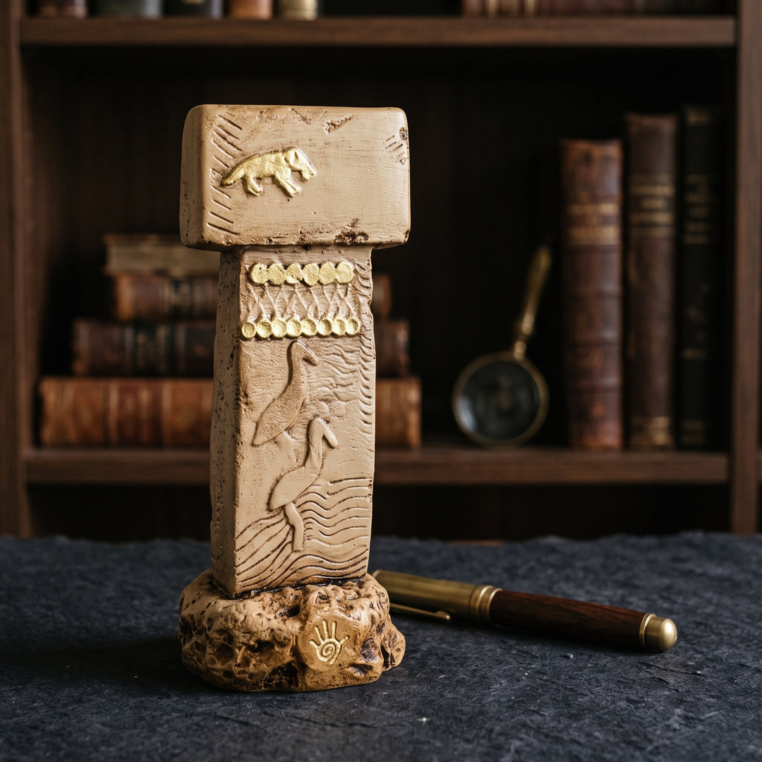 ArkeoArt Göbekli Tepe T Sütunu Replikası, antika kitaplar, tarihi haritalar, pirinç objeler ve koyu ahşap mobilyalarla hazırlanmış dark academia tarzı bir çalışma odasında sergileniyor. UNESCO Dünya Mirası Göbekli Tepe'deki Neolitik taş sütunlardan ilham alan bu müze replikası; arkeoloji, tarih, antropoloji ve antik Anadolu uygarlıkları koleksiyonları için etkileyici bir dekoratif parçadır.8