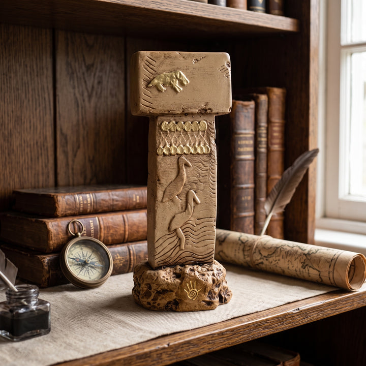 ArkeoArt Göbekli Tepe T Sütunu Replikası, antika kitaplar, tarihi haritalar, pirinç objeler ve koyu ahşap mobilyalarla hazırlanmış dark academia tarzı bir çalışma odasında sergileniyor. UNESCO Dünya Mirası Göbekli Tepe'deki Neolitik taş sütunlardan ilham alan bu müze replikası; arkeoloji, tarih, antropoloji ve antik Anadolu uygarlıkları koleksiyonları için etkileyici bir dekoratif parçadır.5
