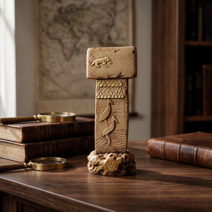 ArkeoArt Göbekli Tepe T Sütunu Replikası, antika kitaplar, tarihi haritalar, pirinç objeler ve koyu ahşap mobilyalarla hazırlanmış dark academia tarzı bir çalışma odasında sergileniyor. UNESCO Dünya Mirası Göbekli Tepe'deki Neolitik taş sütunlardan ilham alan bu müze replikası; arkeoloji, tarih, antropoloji ve antik Anadolu uygarlıkları koleksiyonları için etkileyici bir dekoratif parçadır.6